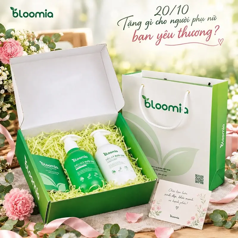 Set quà 20/10 Bloomia: hộp quà, túi quà, thiệp chúc mừng và bộ đôi dầu gội xả Bưởi Sâm