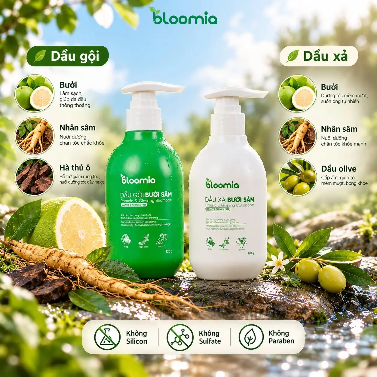 Thành phần và công dụng của dầu gội, dầu xả Bưởi Sâm Bloomia: bưởi, nhân sâm, hà thủ ô, dầu olive